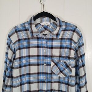 Rag & Bone Flannel Plaid Button Shirt Womens L Blue White Black Long‎ Sleeve